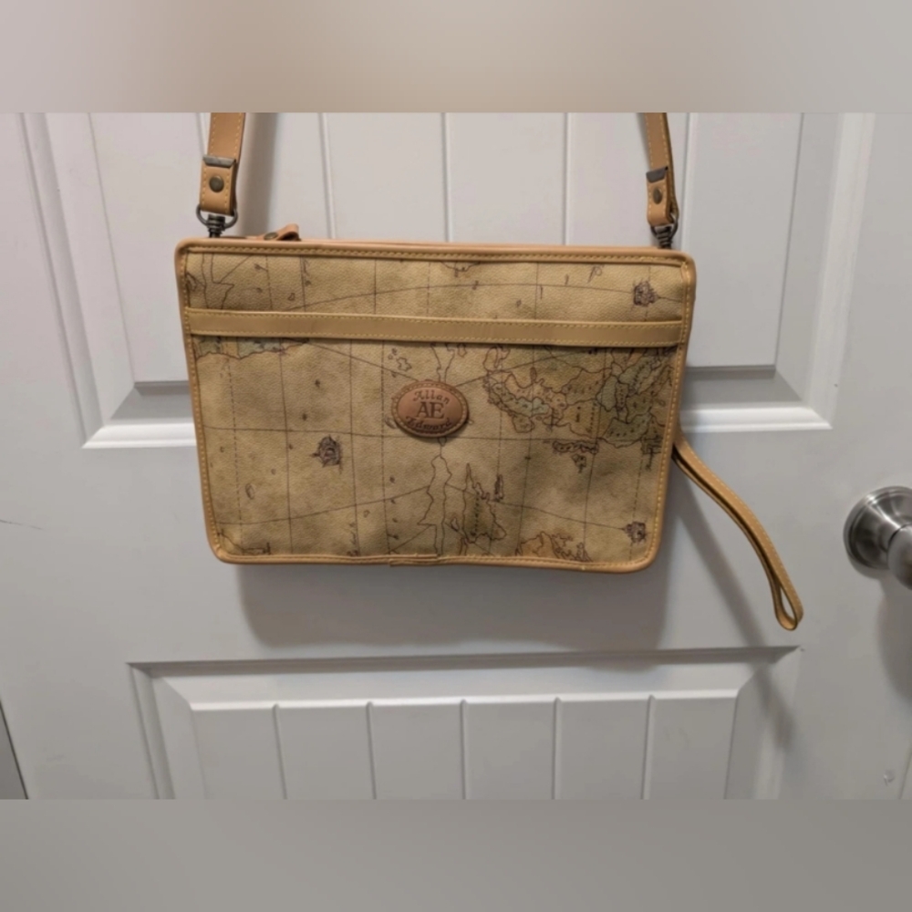 NEW! Allan Edward Tan Leather Map Print Convertible Clutch Crossbody Bag. Gifts